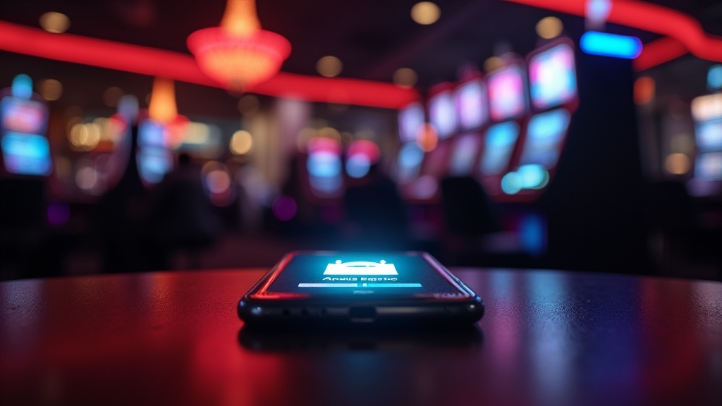 Android-Smartphone mit APK-Datei in dunkler Casino-Atmosphäre