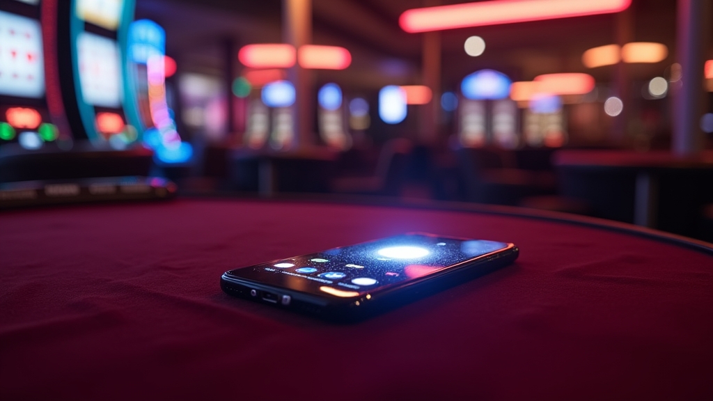 Smartphone mit Downloadanzeige in einer dunklen Casino-Lounge