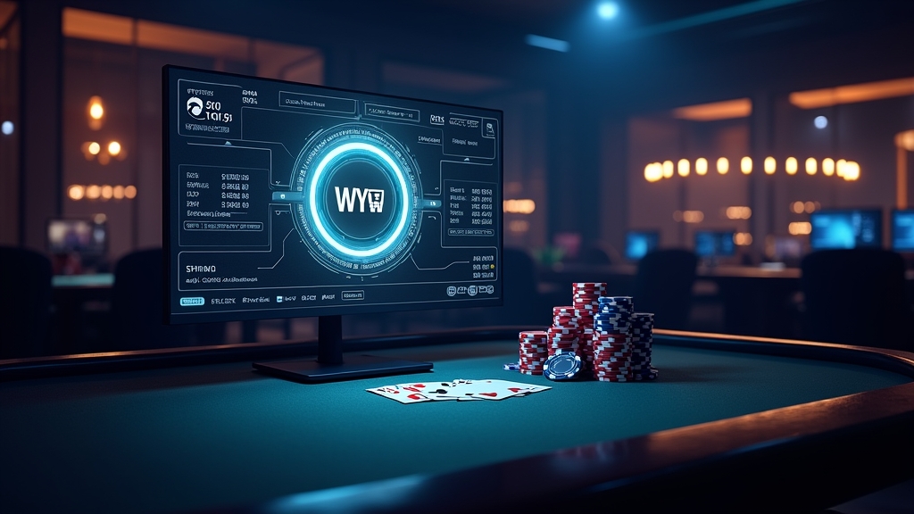 Dunkle Casino-Szene mit leuchtendem Auszahlungsbildschirm und Zahlungssymbolen