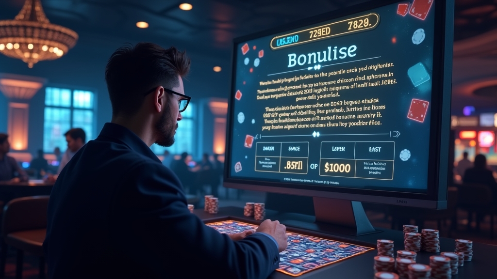 Spieler prüft Bonusbedingungen an einem leuchtenden Casino-Display
