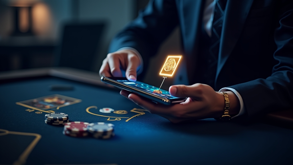 Spieler tätigt eine Einzahlung an einem dunklen Casino-Terminal mit leuchtenden Symbolen