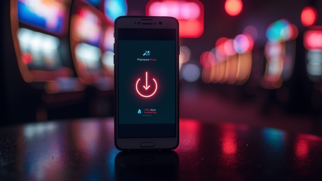 Smartphone mit Fehlermeldung beim Download in dunkler Casino-Szene