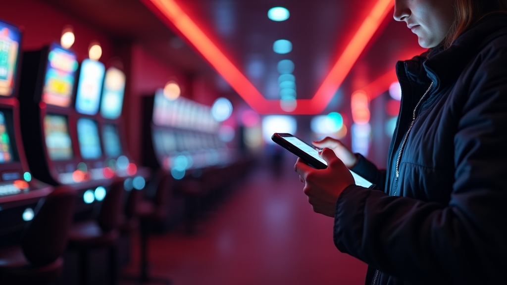 Person nutzt die Slotsdj-App mobil in einer Casino-Umgebung