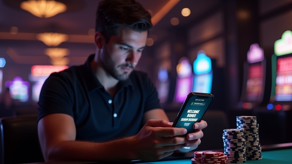 Neuer Spieler prüft Willkommensbonus und Einzahlungsstufen auf dem Smartphone